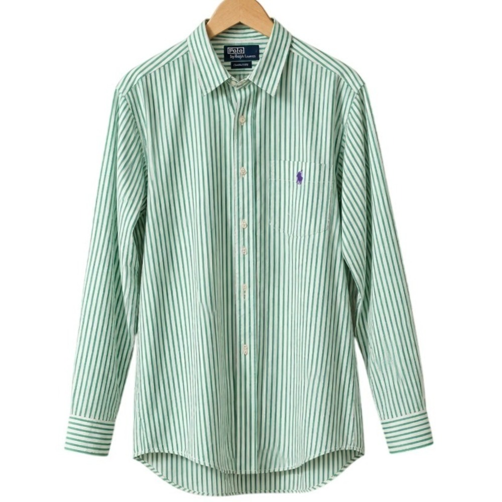 Polo Ralph Lauren Lowell Sport Mens Green White Striped Cotton Shirt Medium